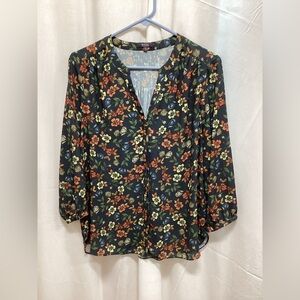 Floral Button-Up Blouse - Black and Orange